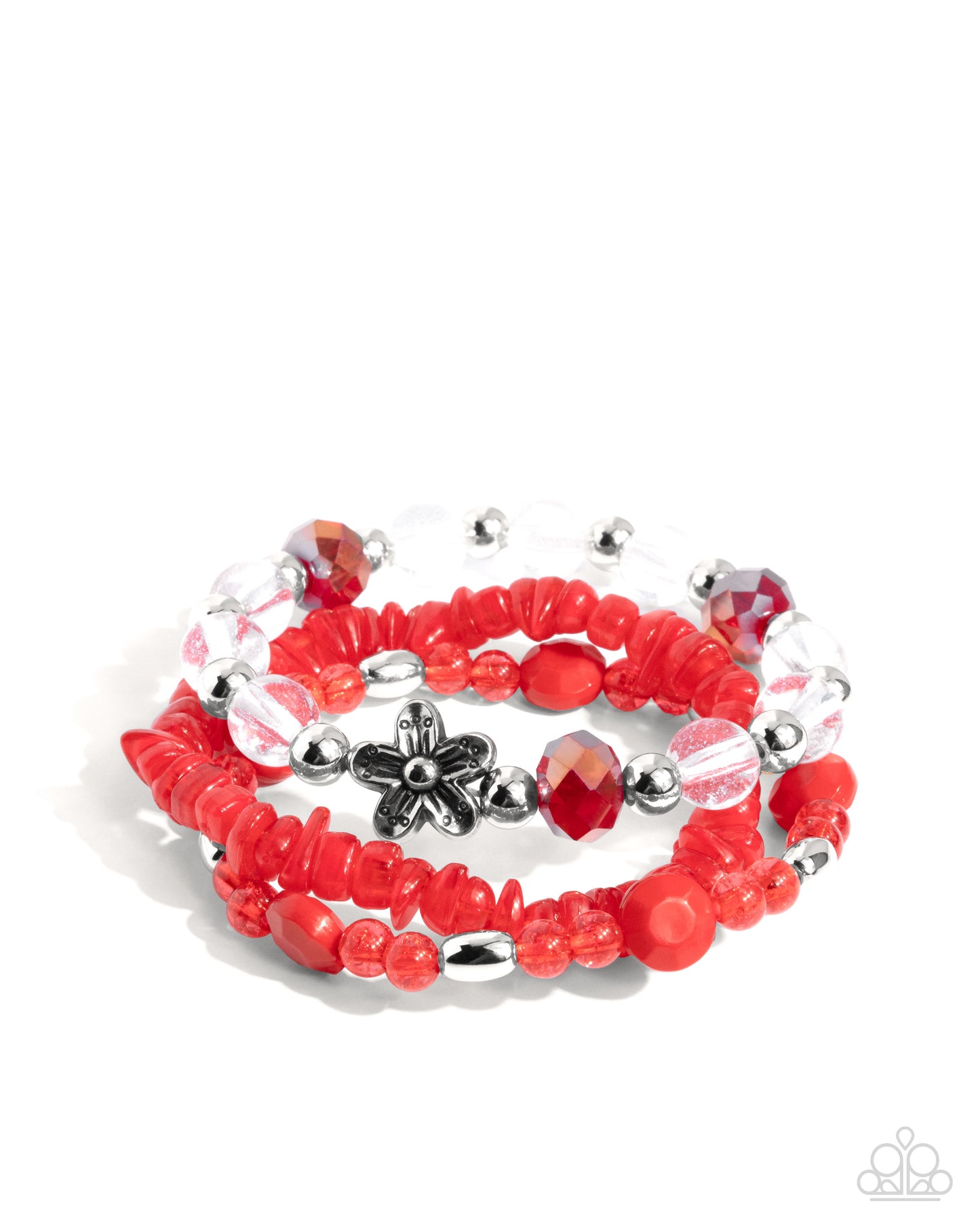 Spellbound Stack - Red, Silver Glitter, Silver Floral Beaded Paparazzi Set of 3 Stretch Bracelets