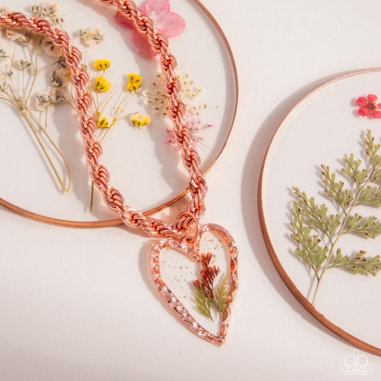 Coming Around - Copper Heart Frame/Dried Flower Petals Pendant Paparazzi Necklace & matching earrings
