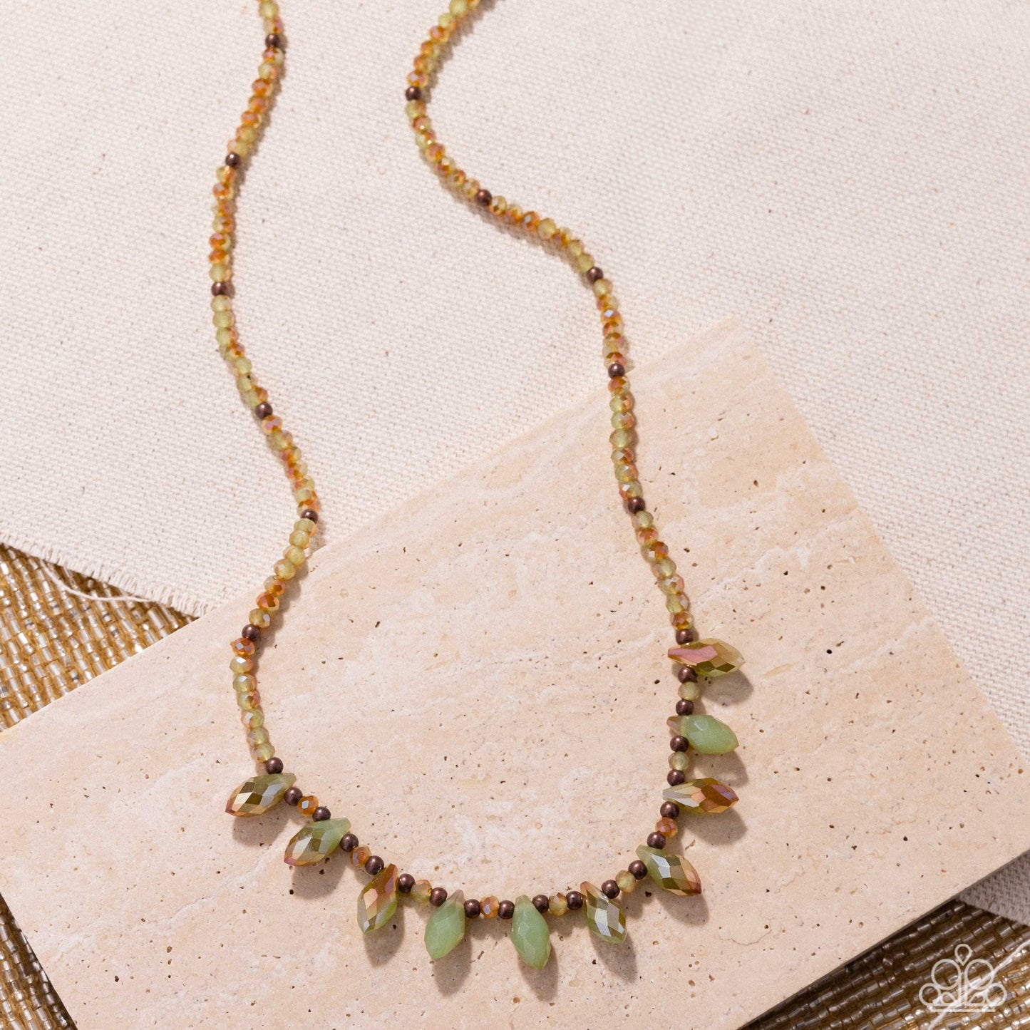 Declaration of Dazzle - Copper Beads/UV Green Beads/UV Green Crystals Paparazzi Necklace & matching earrings
