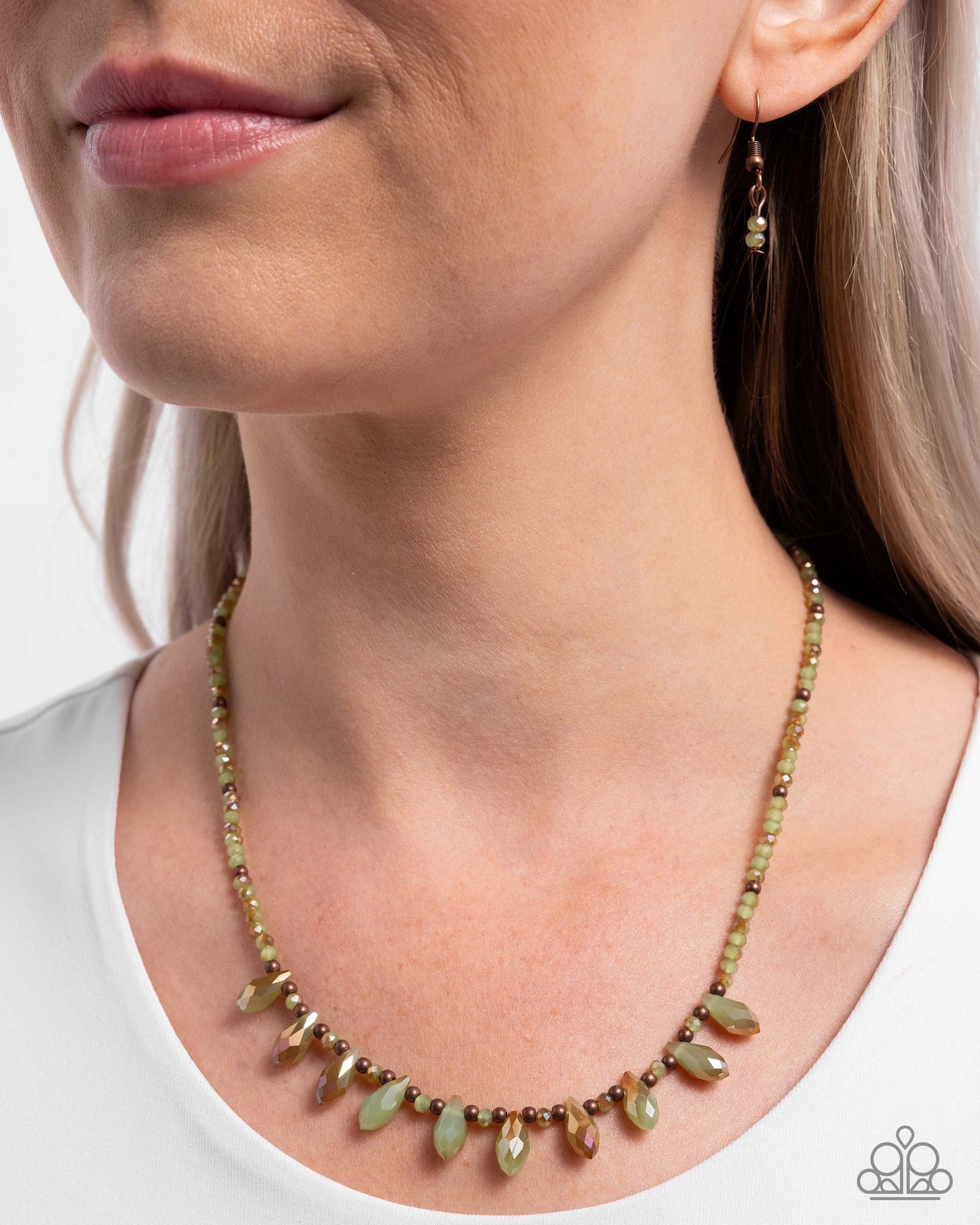 Declaration of Dazzle - Copper Beads/UV Green Beads/UV Green Crystals Paparazzi Necklace & matching earrings