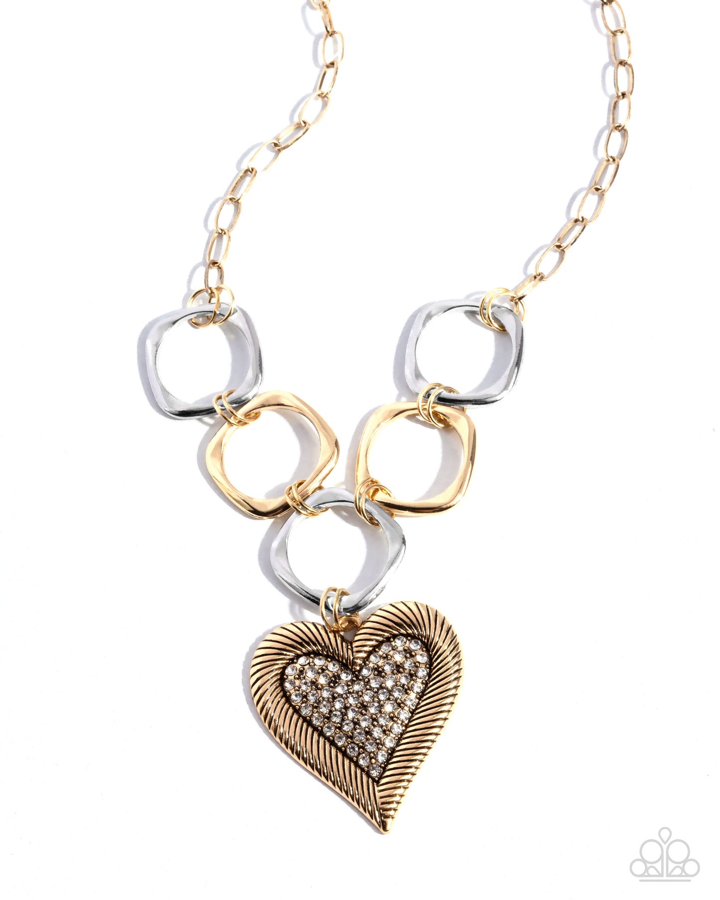 Focused Affection - Gold/White Rhinestone Heart Pendant Paparazzi Necklace & matching earrings