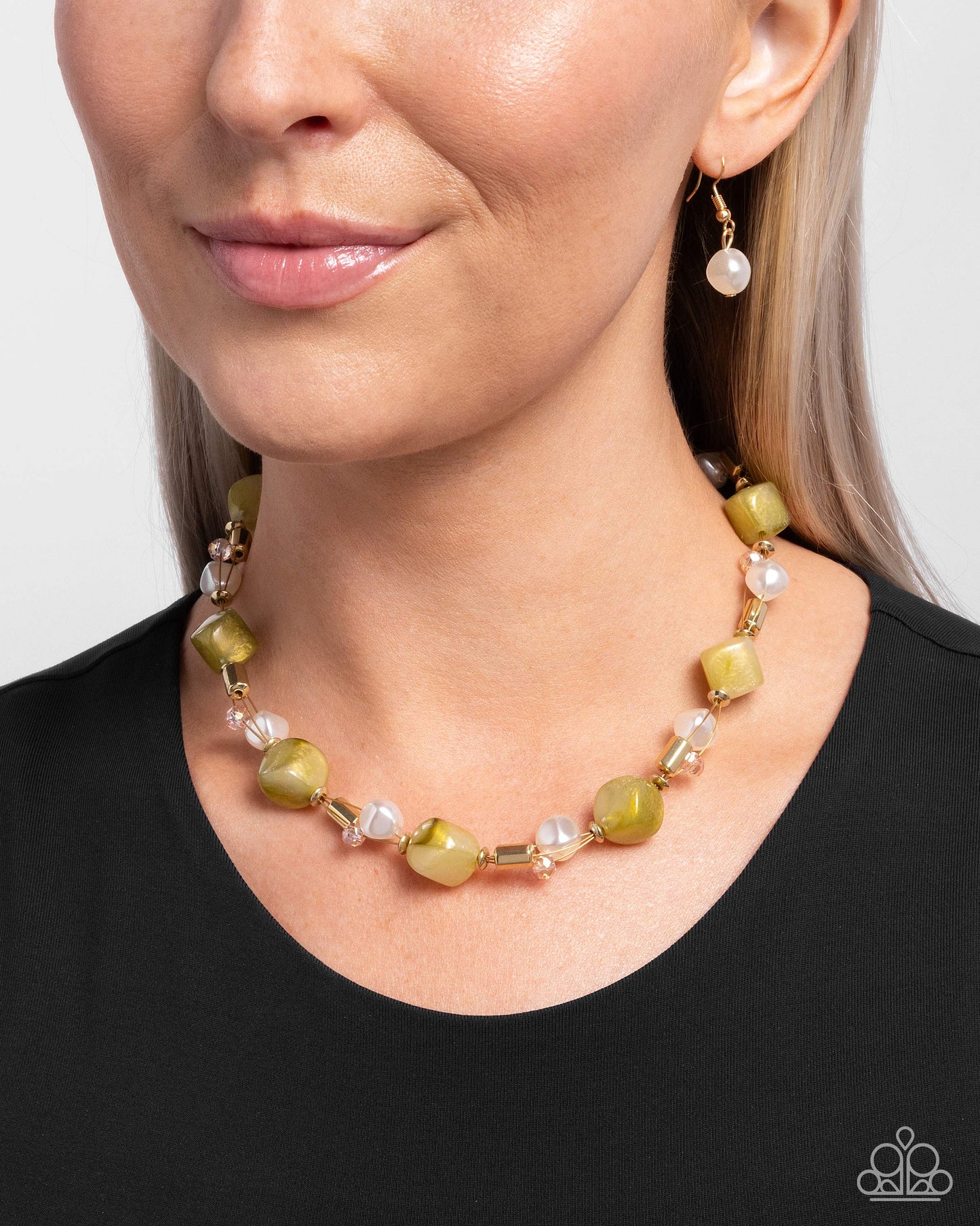 Dare to be Surprised - Green/Gold Beads, White Pearls Paparazzi Necklace & matching earrings
