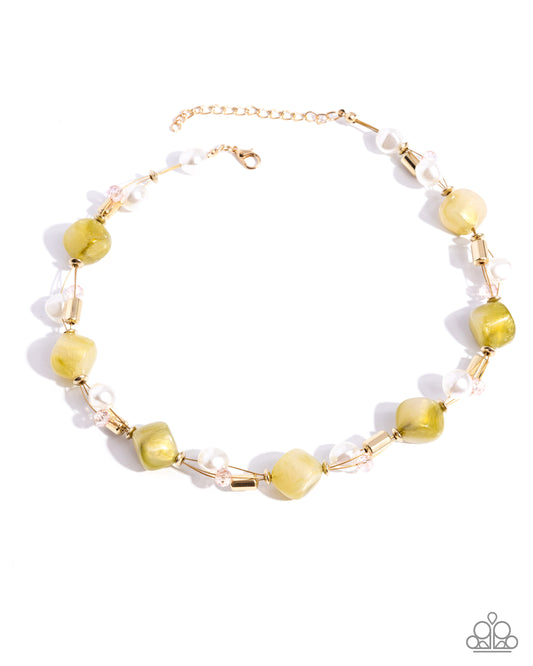 Dare to be Surprised - Green/Gold Beads, White Pearls Paparazzi Necklace & matching earrings