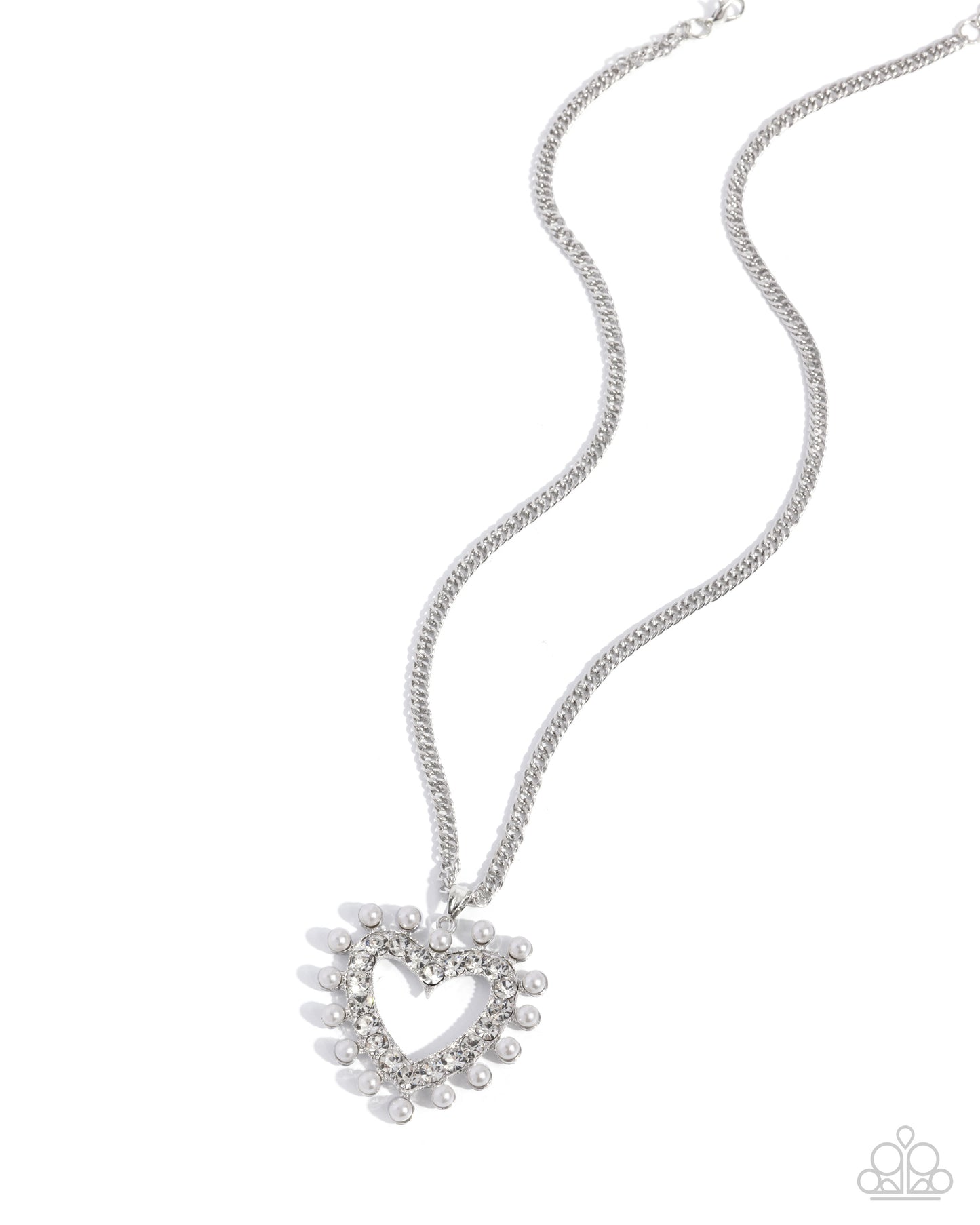 Perfectly Prim - White Pearl Boarder/White Rhinestone Heart Pendant Paparazzi Necklace & matching earrings