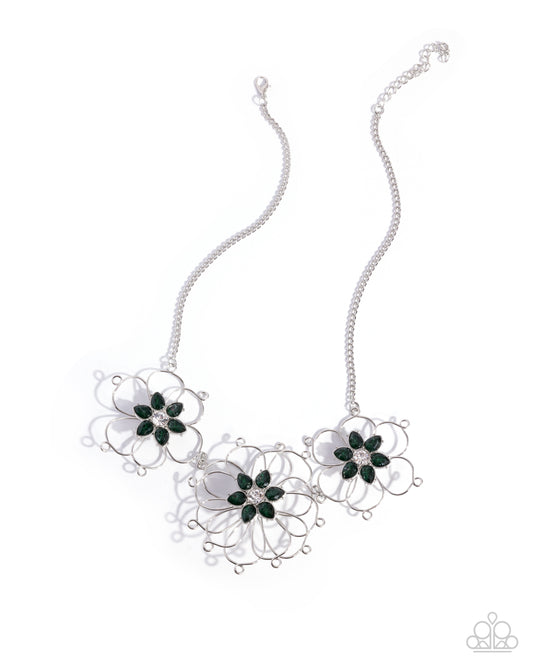 Wiry Welcome - Green/White Rhinestone/Silver Frame Flowers Paparazzi Necklace & matching earrings