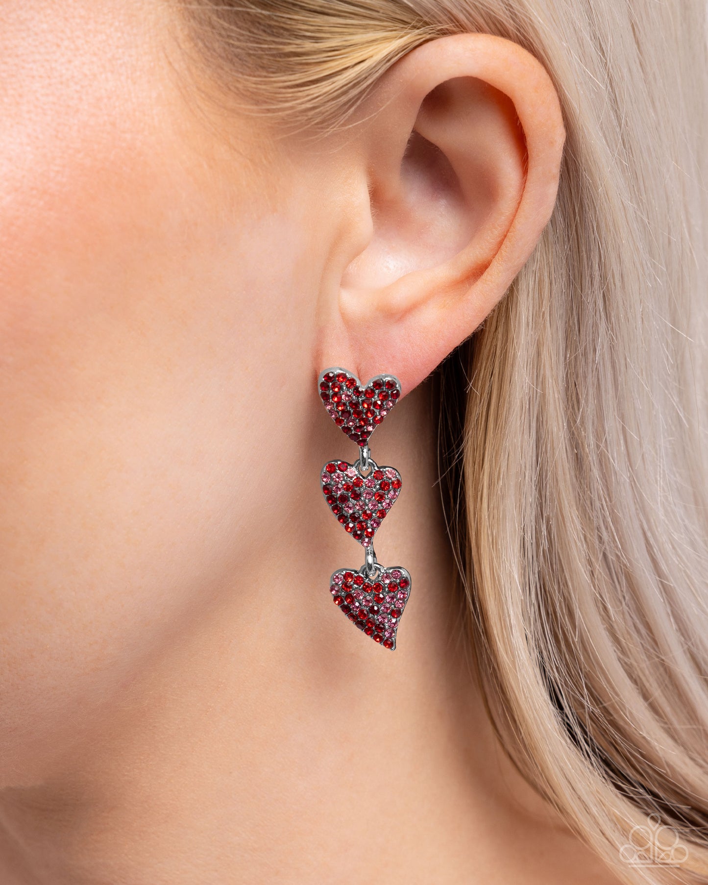 One Of The Girls - Red Rhinestone Embellished Hearts Paparazzi Earrings