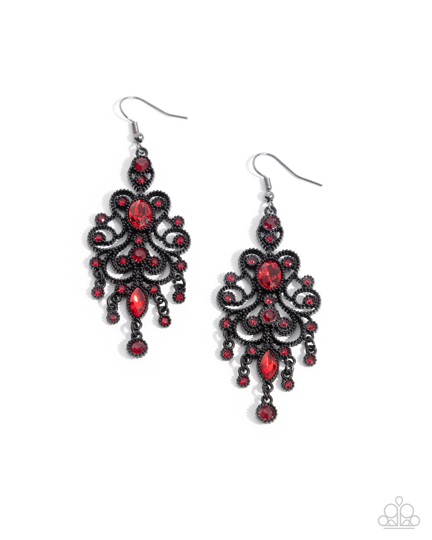 Chandelier Celebration - Red Rhinestones & Black Decorative Frame Paparazzi Earrings