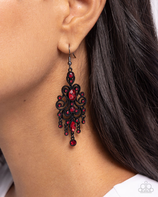 Chandelier Celebration - Red Rhinestones & Black Decorative Frame Paparazzi Earrings