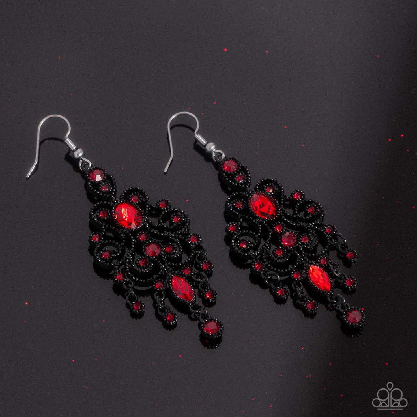 Chandelier Celebration - Red Rhinestones & Black Decorative Frame Paparazzi Earrings