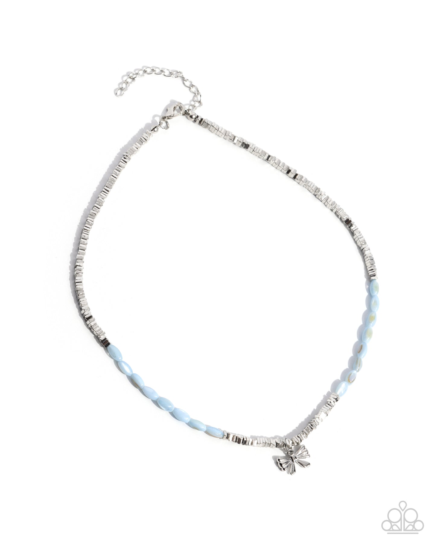 Dainty Dimension - Blue/Silver Beads, Silver Bow Paparazzi Necklace & matching earrings