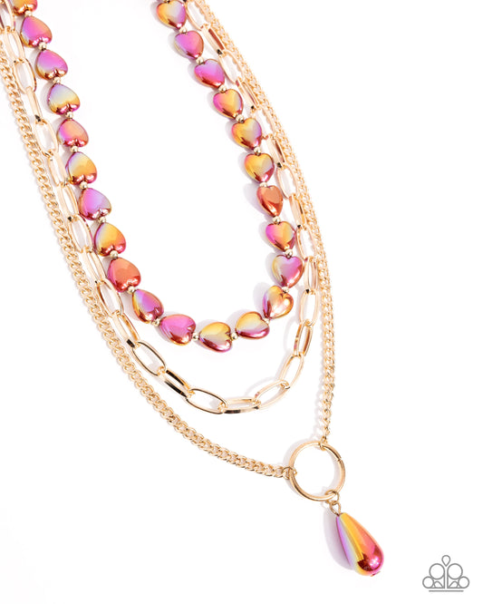 Admirable Affection - Red UV Heart Beads/Mismatched Gold Chains Paparazzi Necklace & matching earrings