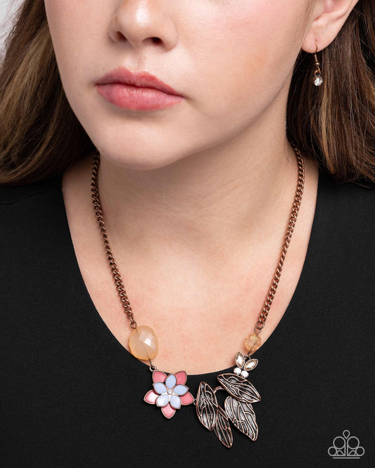 Standing Shimmer - Copper Curb Chain/Copper Leaves/Pink Flower Paparazzi Necklace & matching earrings