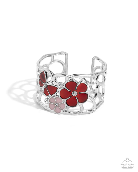 Whimsical Watercolor - Red/Pink Painted Flowers, Silver Cuff Paparazzi cuff Bracelet