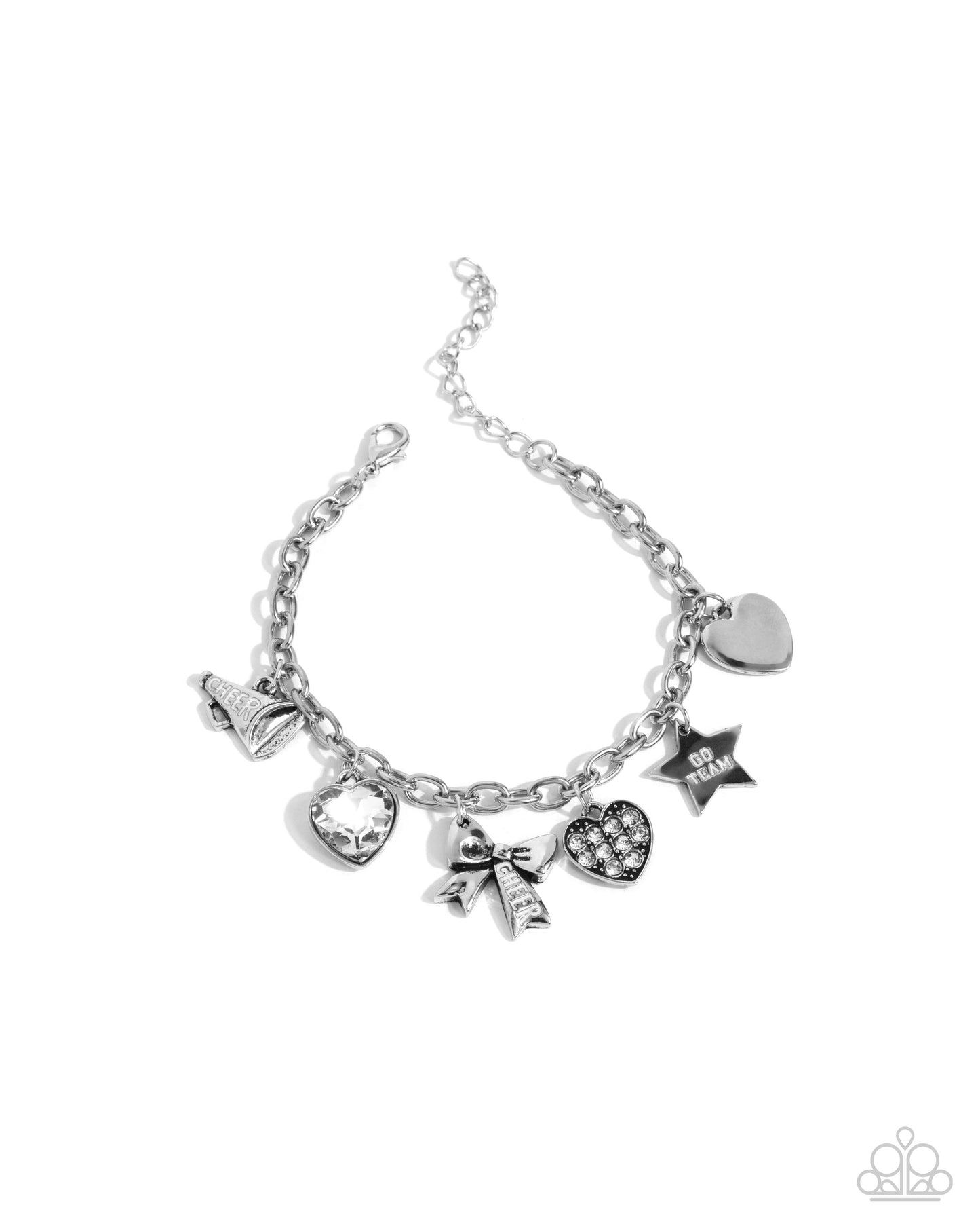Cheerleading Camp - White Rhinestone Embellished Cheerleading-Inspired Charms Paparazzi Adjustable Bracelet