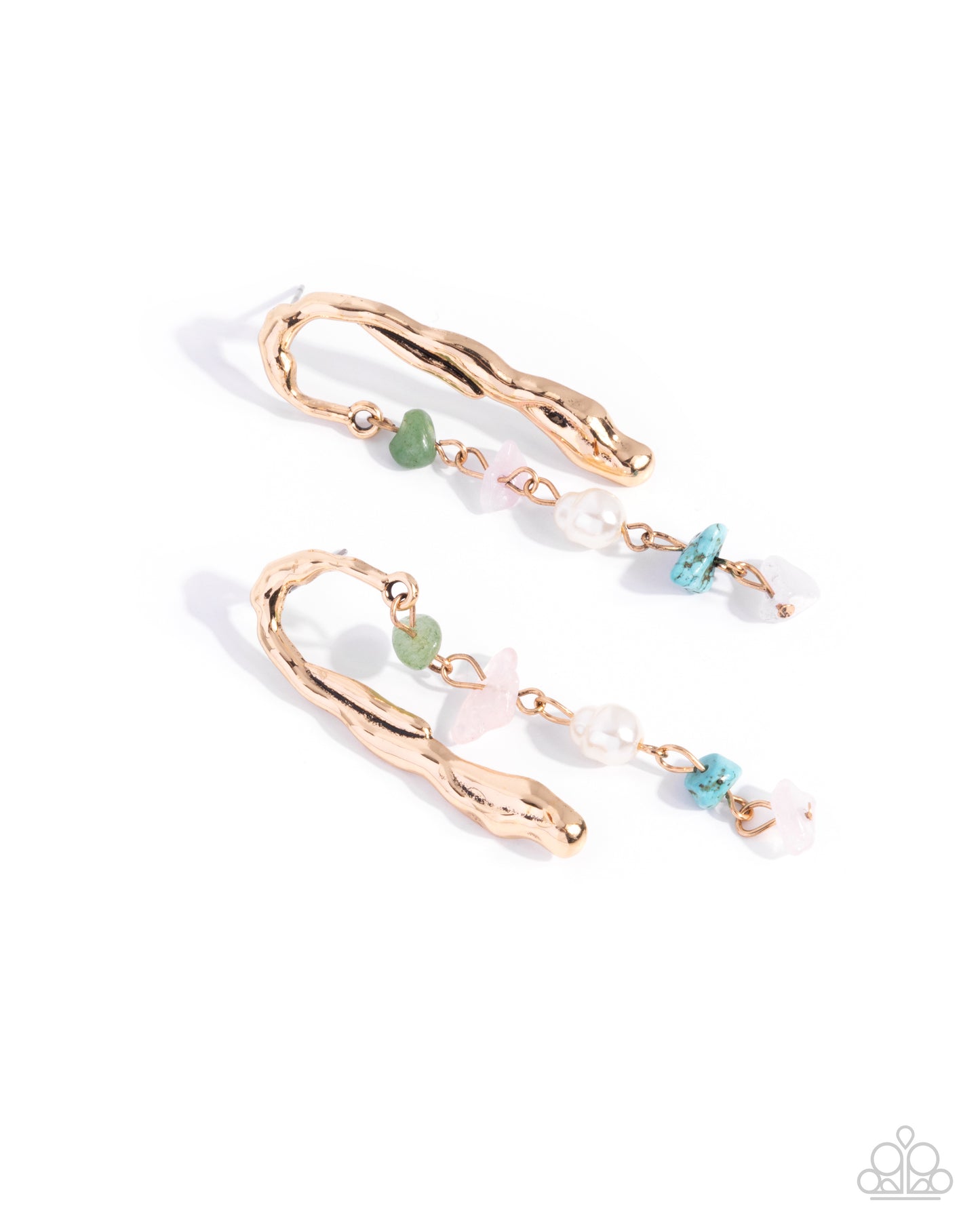 Suspended Sheen - Gold Hammered Half-Arch & Green, Pink, Turquoise Stones, White Pearl Paparazzi Earrings