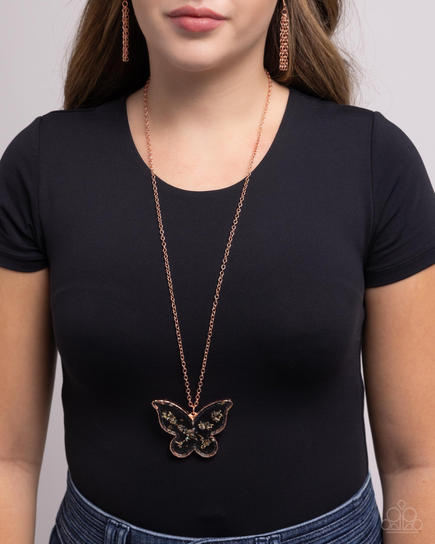 Skyward Shells - Copper Chain/Multicolored Shell-Like Accent Butterfly Pendant Paparazzi Necklace & matching earrings