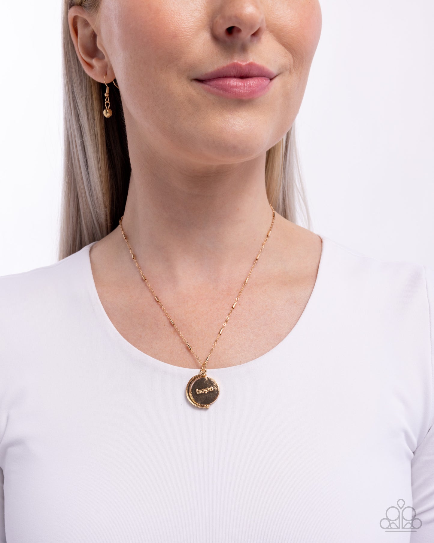 Hopeful Story - Gold Dainty Chain/Circular Rotating Pendant Paparazzi Necklace & matching earrings