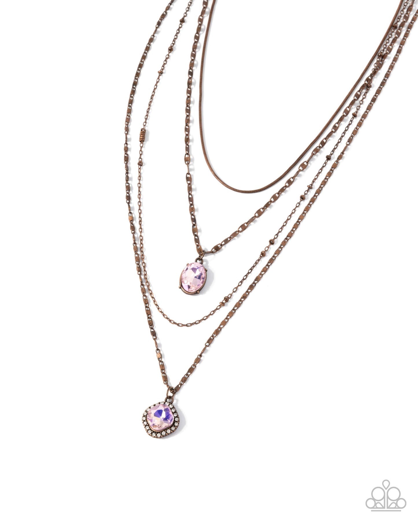 Four-Part Harmony - Copper Mismatched Chains/Pink Gem Paparazzi Necklace & matching earrings