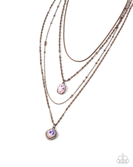 Four-Part Harmony - Copper Mismatched Chains/Pink Gem Paparazzi Necklace & matching earrings