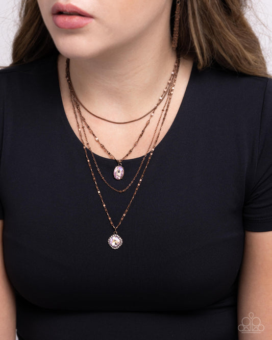 Four-Part Harmony - Copper Mismatched Chains/Pink Gem Paparazzi Necklace & matching earrings