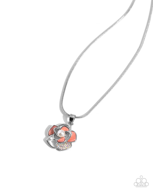 Medemoi-Shell - Orange/Silver/Iridescent Rhinestone Flower Pendant Necklace, Ring, & matching earrings