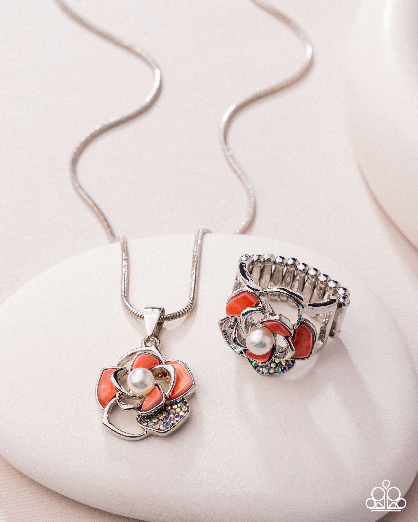 Medemoi-Shell - Orange/Silver/Iridescent Rhinestone Flower Pendant Necklace, Ring, & matching earrings