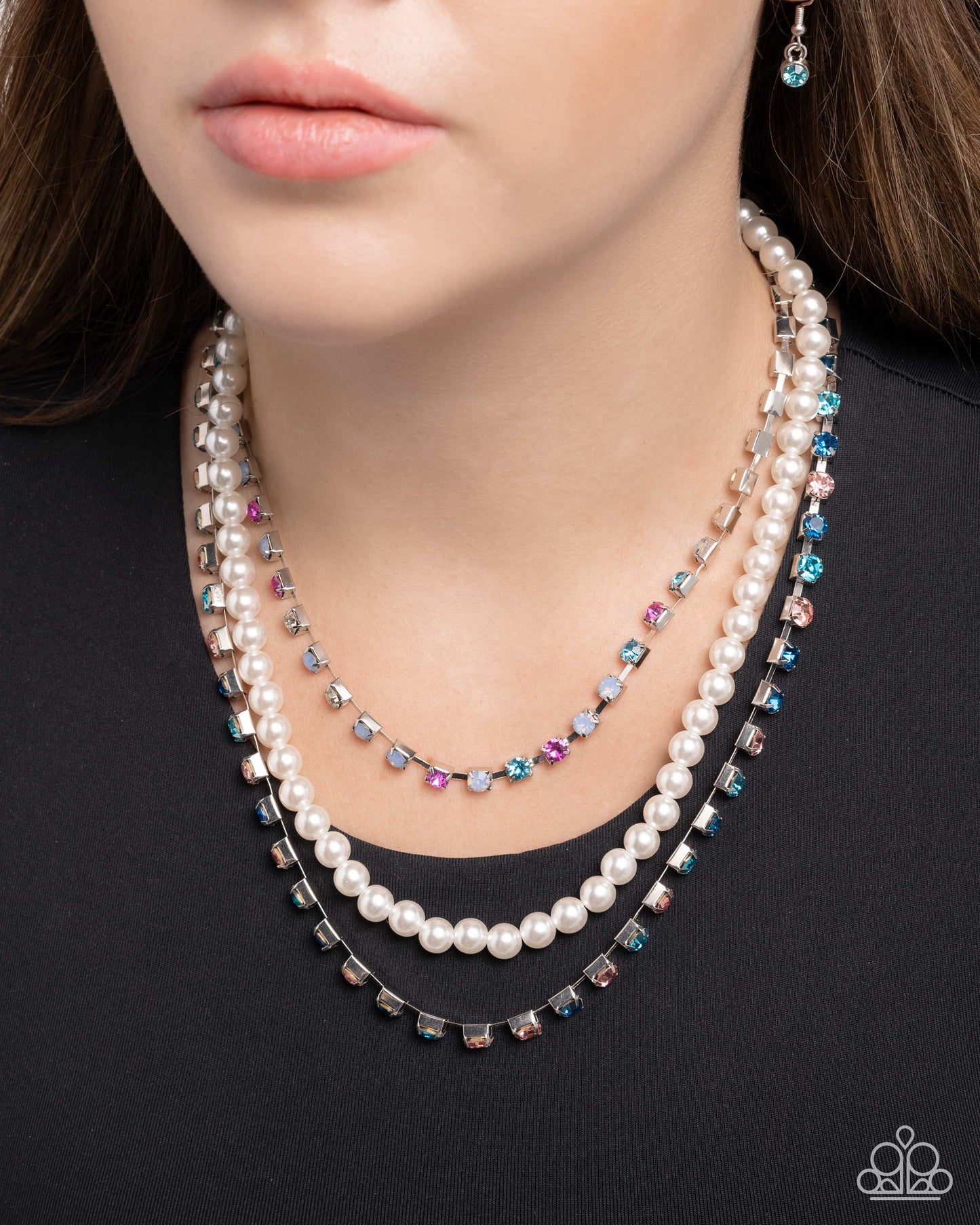 Class Change - Multicolored Rhinestones/White Pearl Strands Paparazzi Necklace & matching earrings