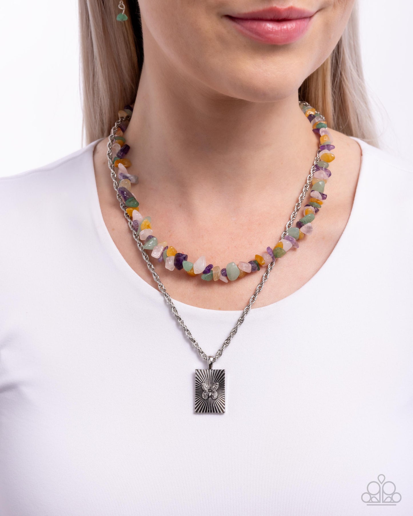 Transformational Tiers - Green, Pink, Yellow, Purple Natural Stone Paparazzi Necklace & matching earrings