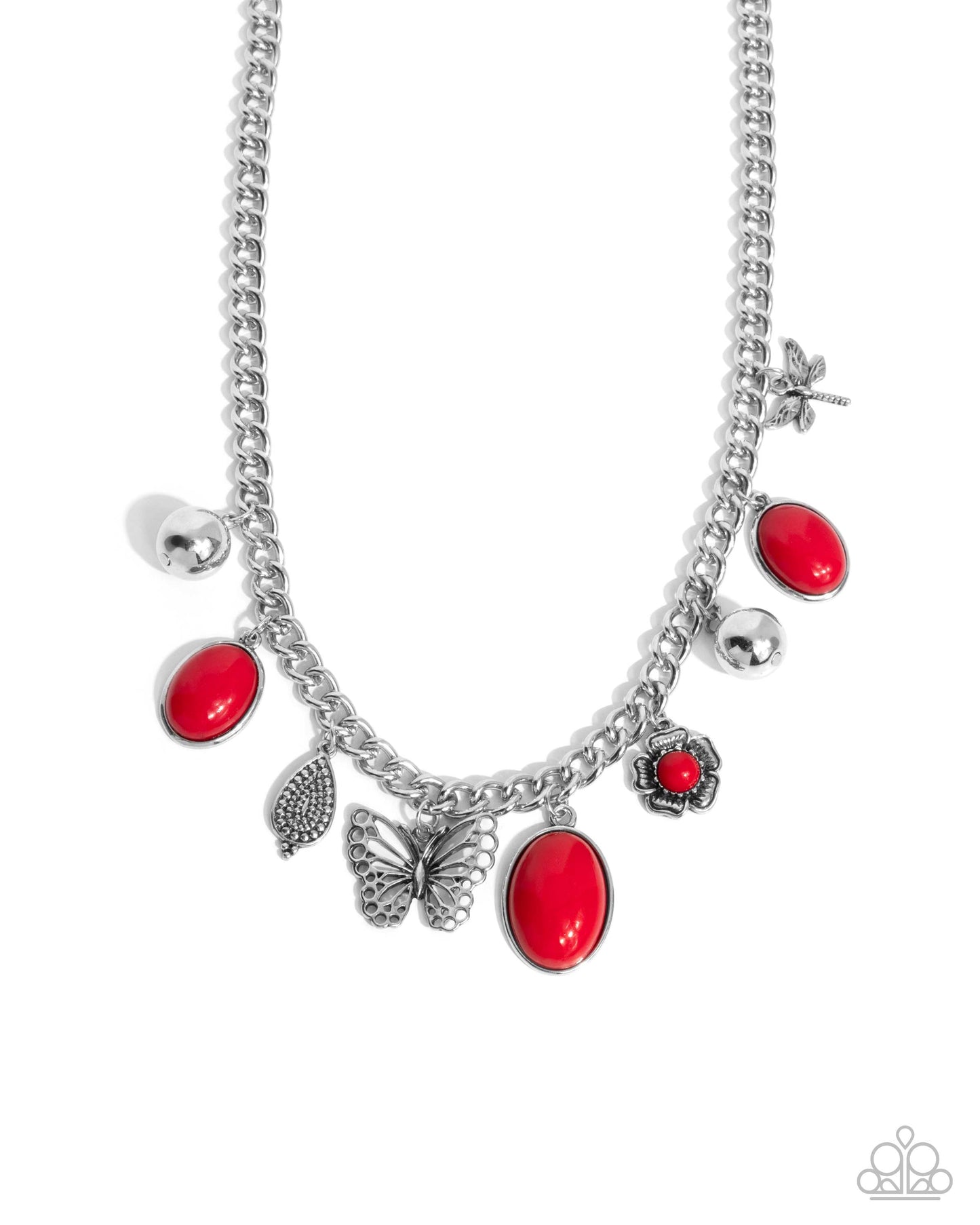 Garden Center - Red Oval Beads/Silver Whimsical Charms Paparazzi Necklace & matching earrings