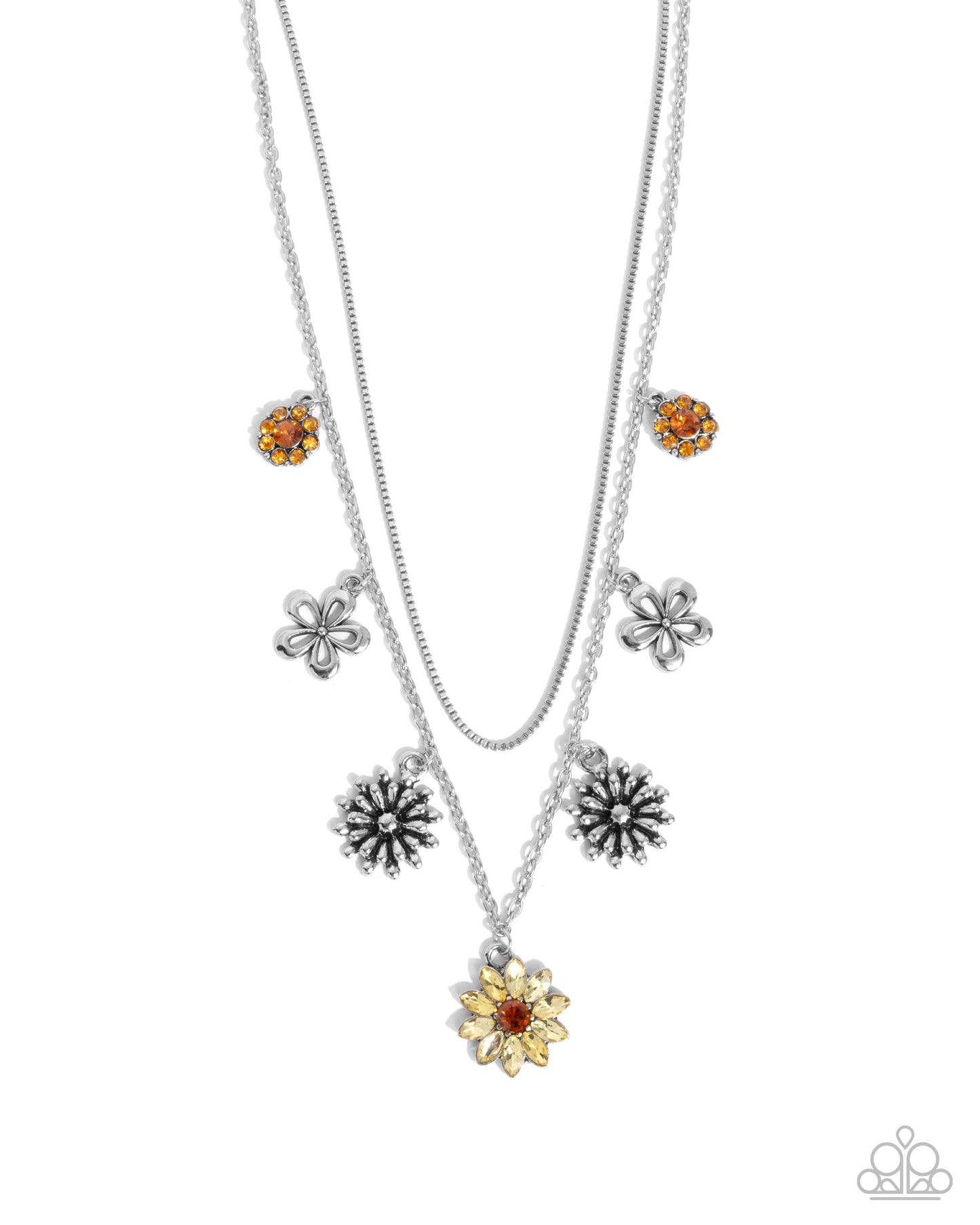 Glinting Garden - Yellow/Orange Gem Flowers, Silver Flowers Paparazzi Necklace & matching earrings