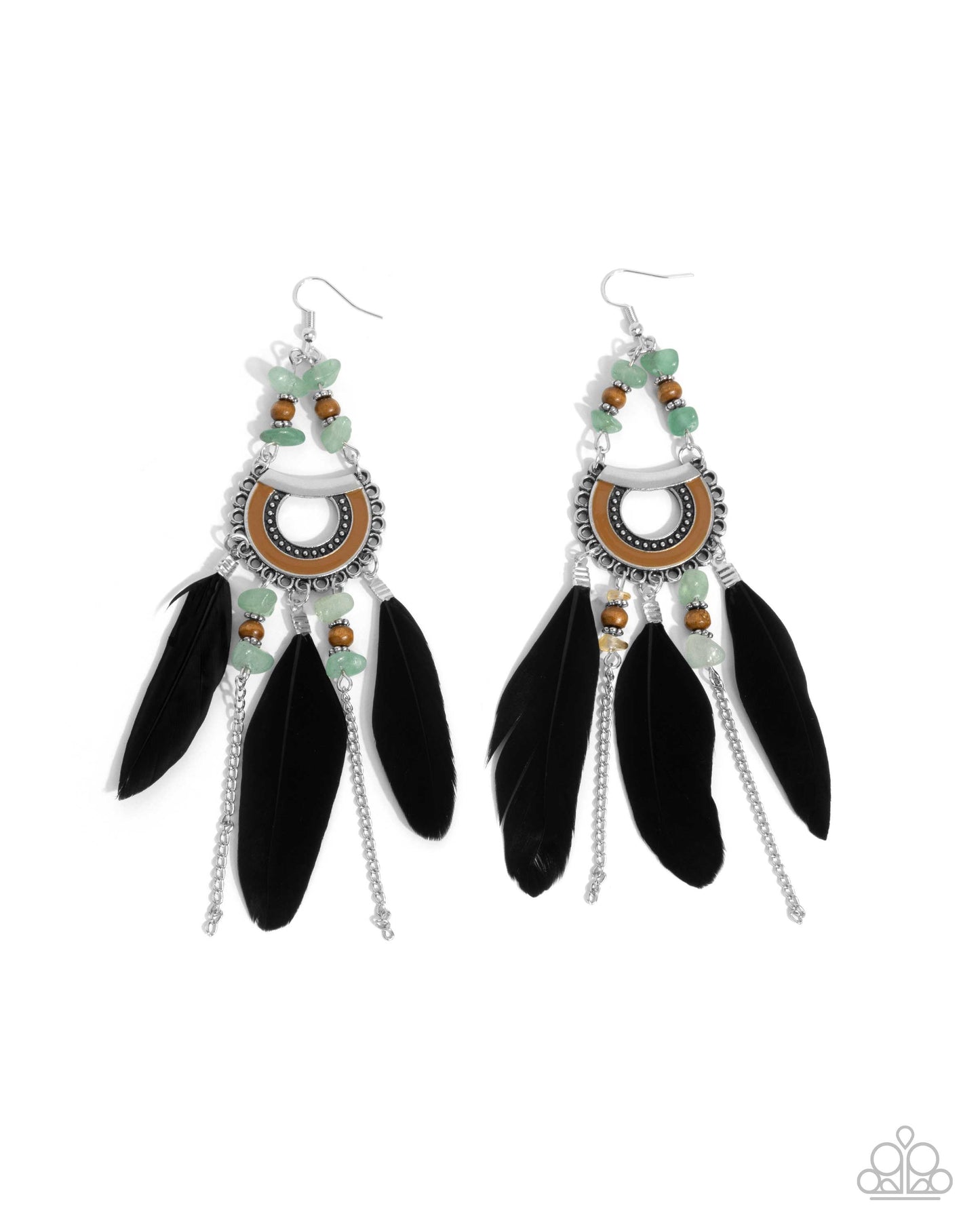 Serene Stage - Green Stone, Wooden, Silver Beads/Silver Chains Black Feather Paparazzi Earrings