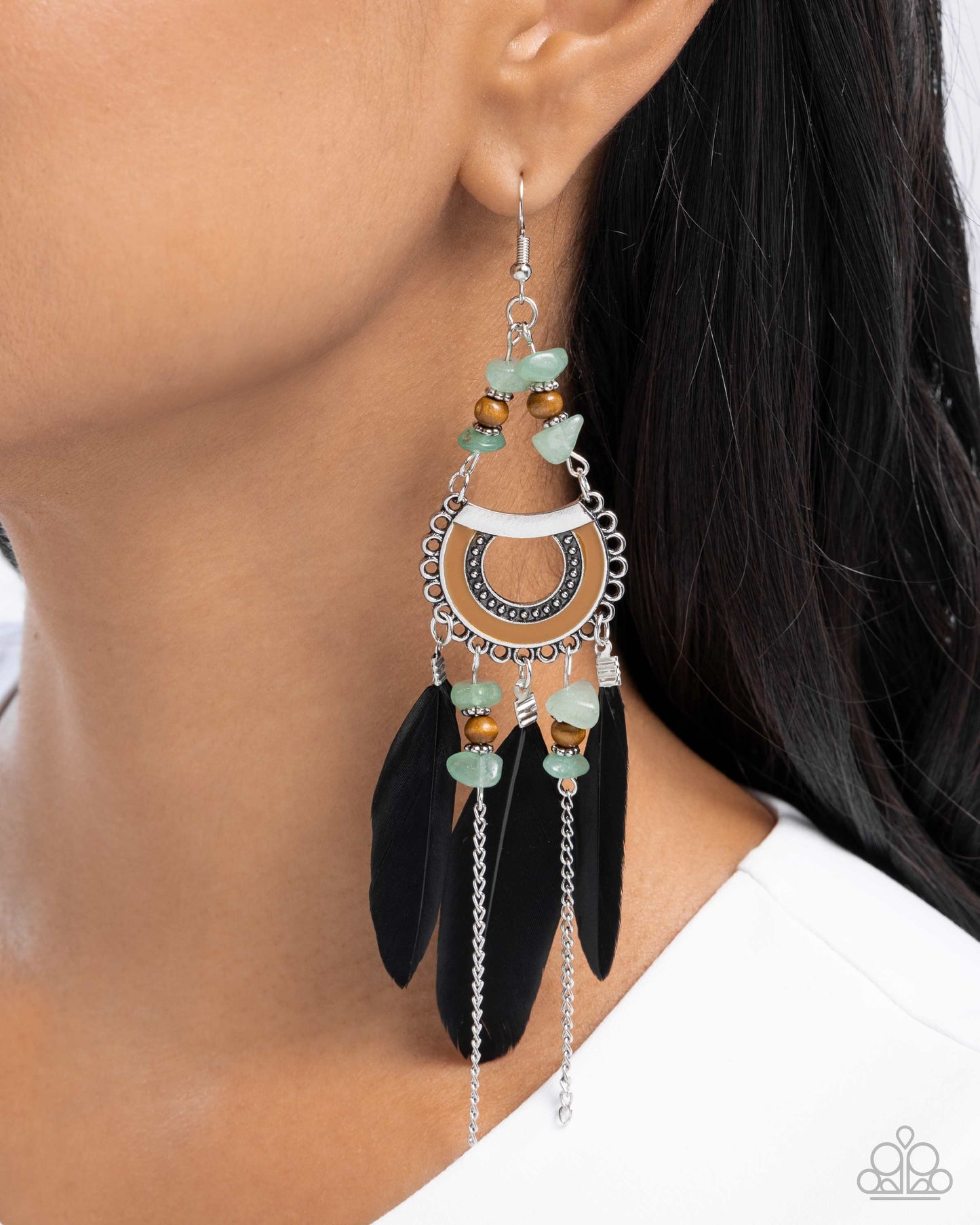 Serene Stage - Green Stone, Wooden, Silver Beads/Silver Chains Black Feather Paparazzi Earrings