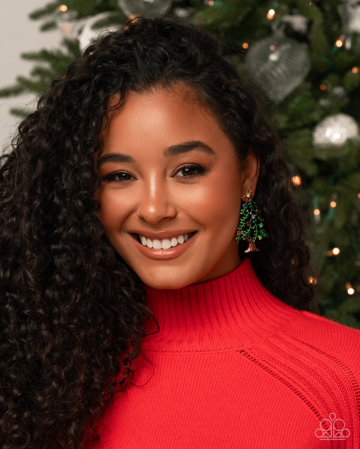 Christmas Credentials - Multicolored Rhinestone Ornaments/Green Pine Tree Paparazzi Earrings