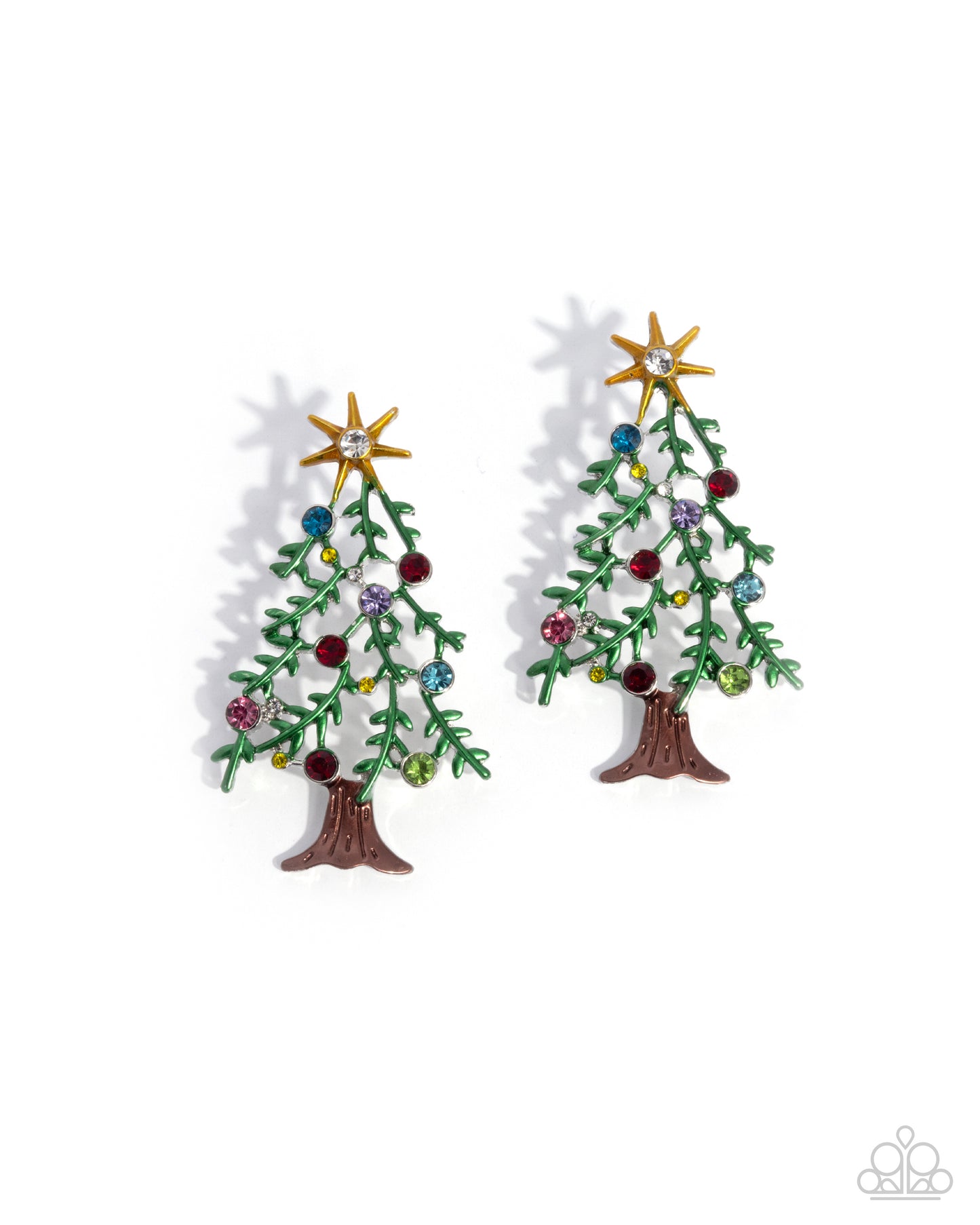 Christmas Credentials - Multicolored Rhinestone Ornaments/Green Pine Tree Paparazzi Earrings