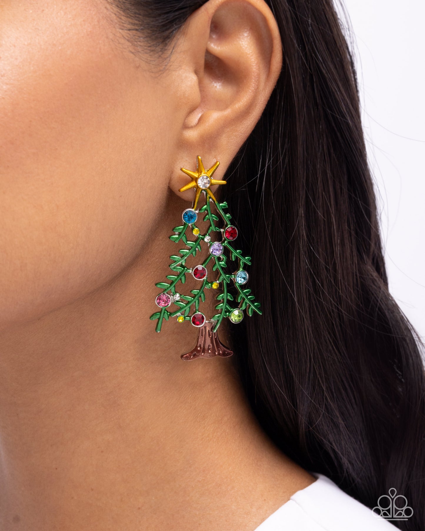 Christmas Credentials - Multicolored Rhinestone Ornaments/Green Pine Tree Paparazzi Earrings