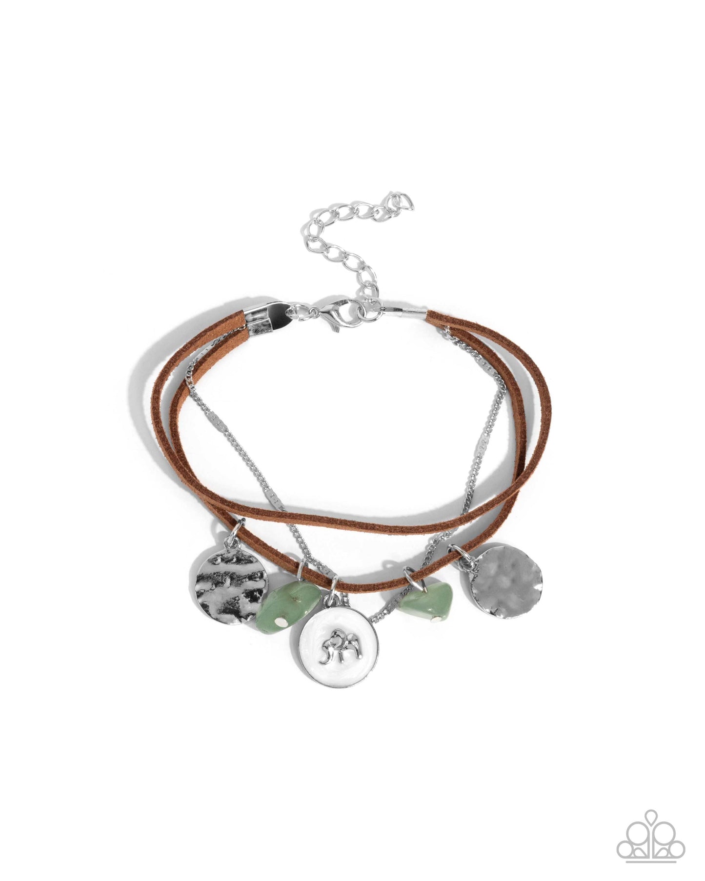 Serene Stroll - Green Stones, Silver Elephant, Hammered Silver Discs Paparazzi Tennis Bracelet