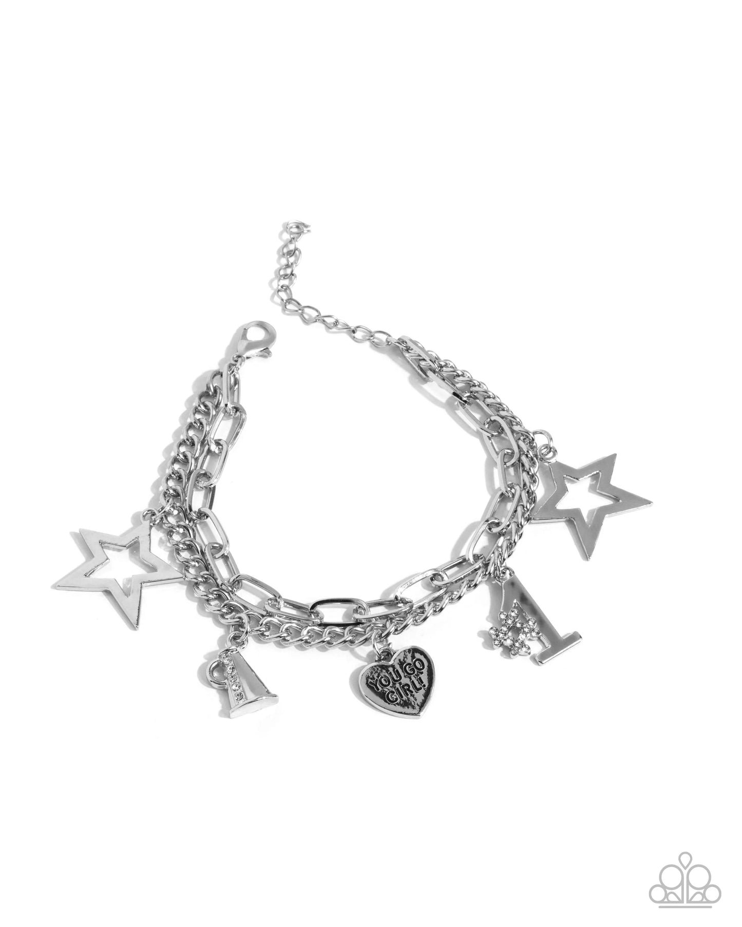 Team Spirit - White Rhinestone Embellished Sporty-Inspired Silver Charms Paparazzi Tennis Bracelet