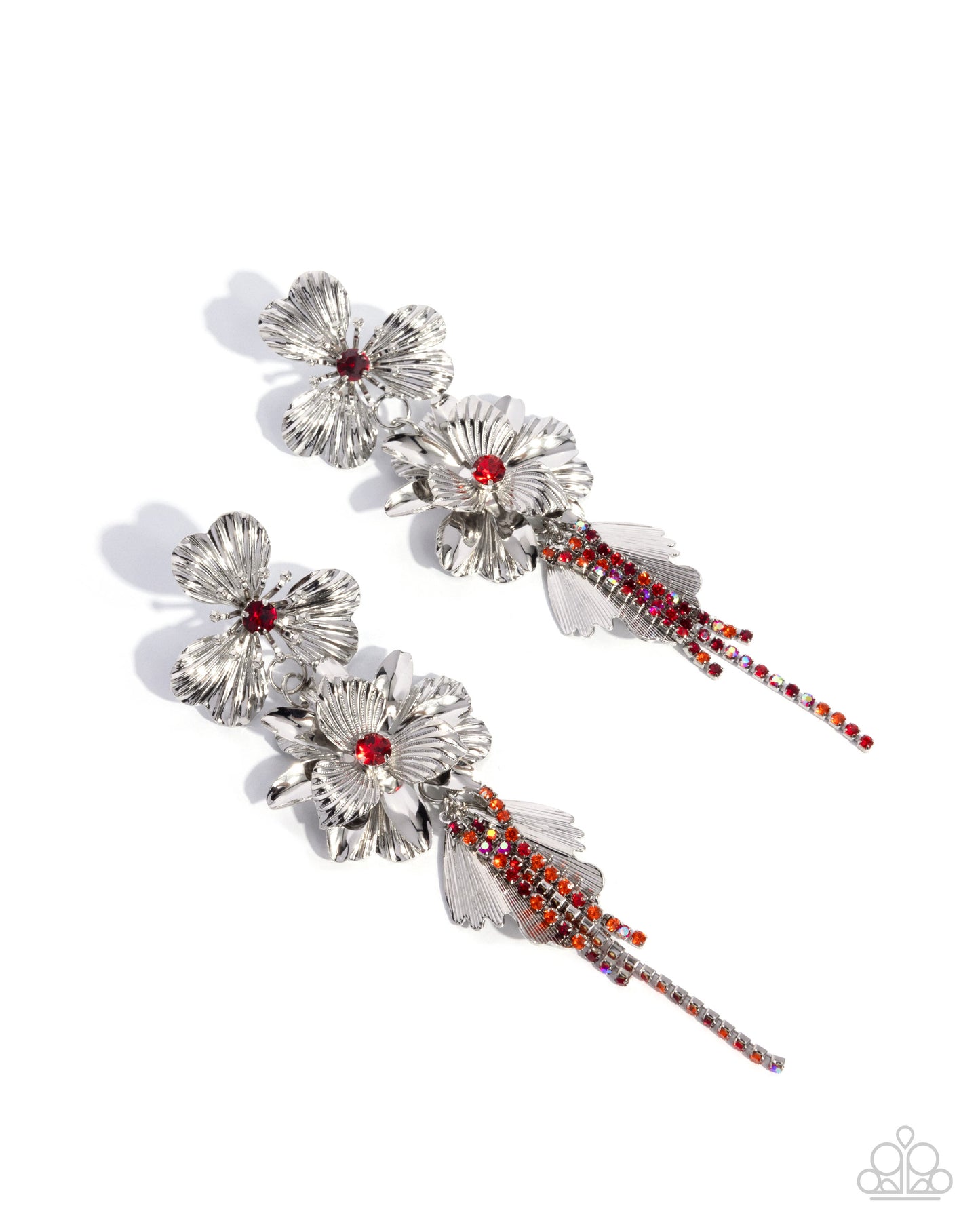 Classical Cadenza - Red/White Rhinestone Centers & 3-D Silver Flowers Paparazzi Earrings