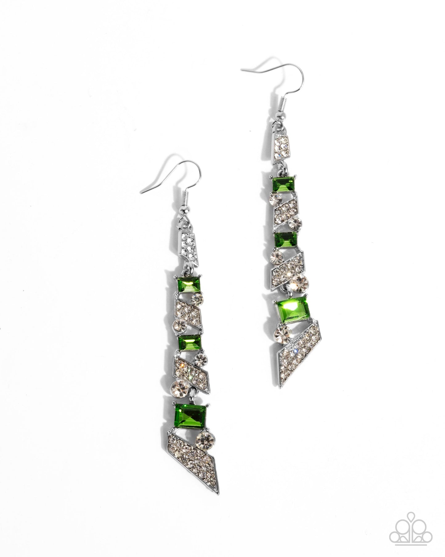 Cascading Cred - Green Square Gems/White Rhinestone Frames Paparazzi Earrings