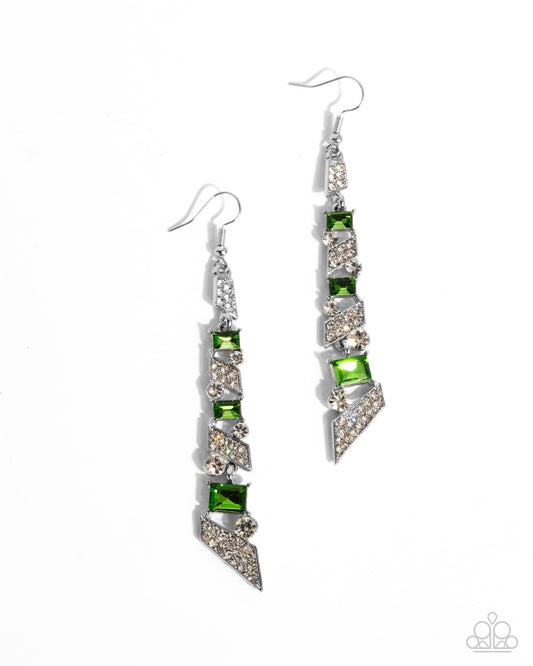 Cascading Cred - Green Square Gems/White Rhinestone Frames Paparazzi Earrings