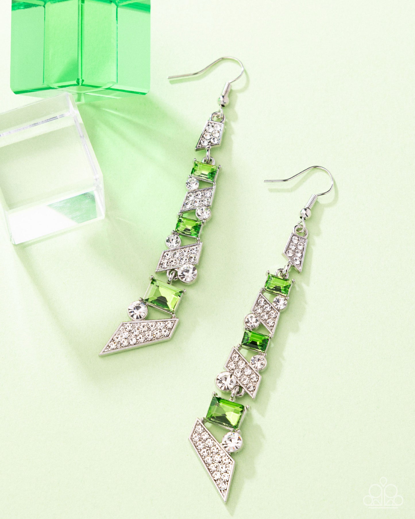 Cascading Cred - Green Square Gems/White Rhinestone Frames Paparazzi Earrings