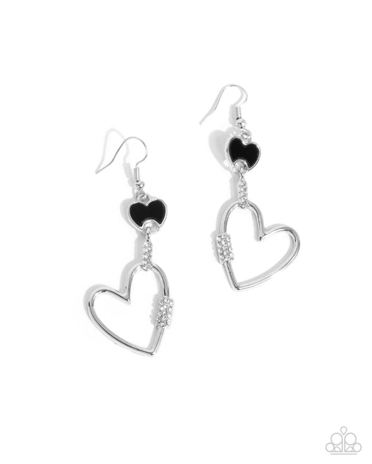 Eternally Enamored - Black Acrylic Heart/Silver Airy Heart Paparazzi Earrings