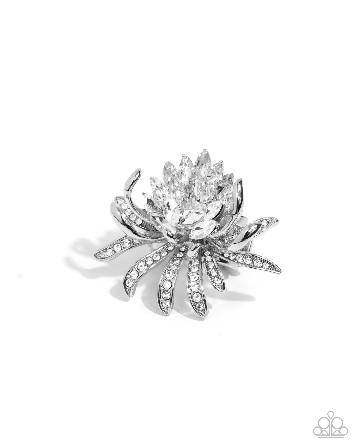 Lotus Legacy - White Gem Embellished Silver Lotus Flower Paparazzi Ring