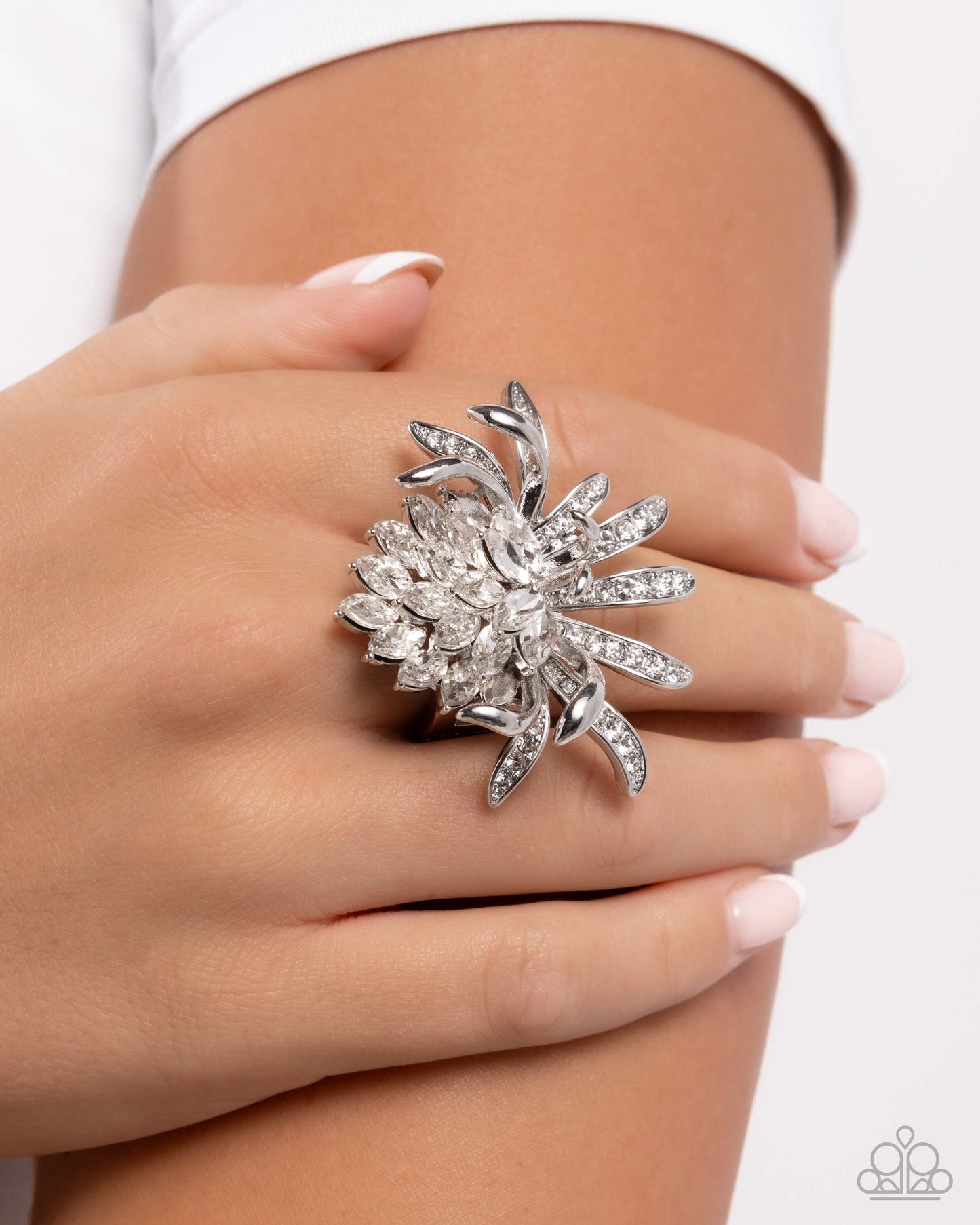 Lotus Legacy - White Gem Embellished Silver Lotus Flower Paparazzi Ring