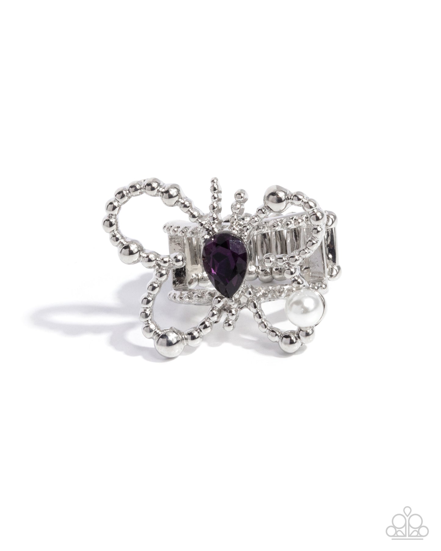 Aerial Artifact - Purple Teardrop Body/Silver & White Pearl Butterfly Paparazzi Ring