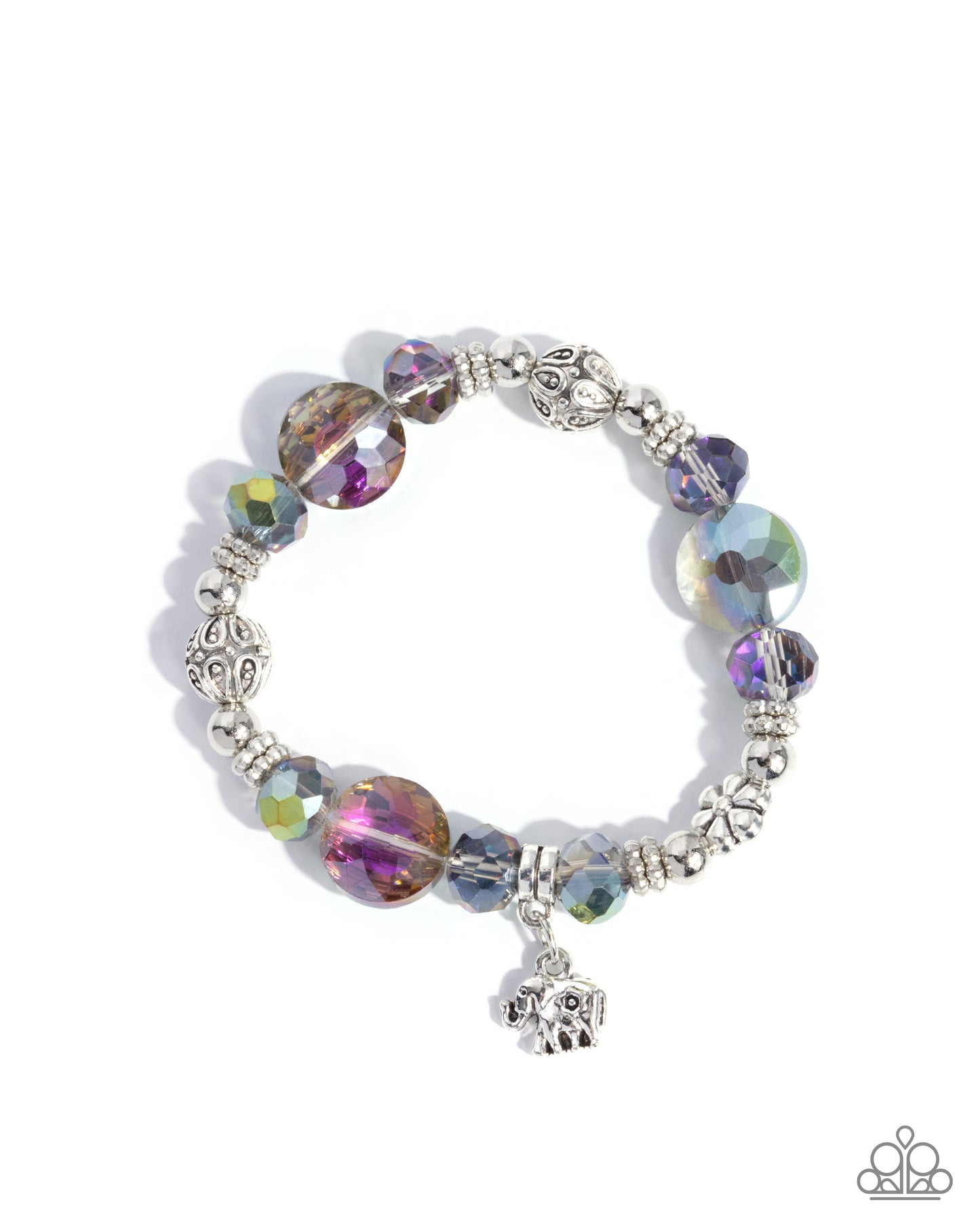 Zoology Degree - Green UV Beads, Silver Textured Beads, Silver Elephant Charm Paparazzi Stretch Bracelet