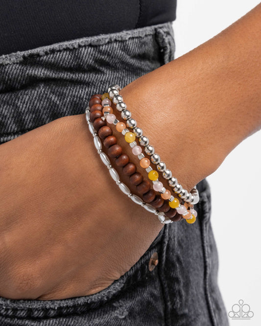 Could Have Been Me - Orange, Yellow, Silver, & Wooden Beaded Set of 4 Paparazzi Stretch Bracelets