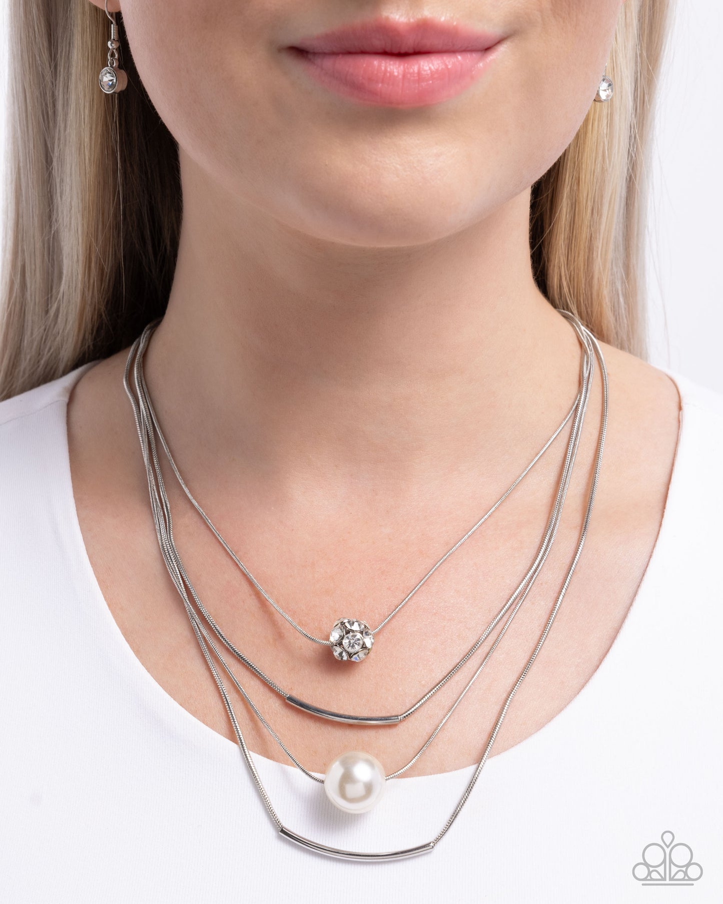 Phenomenal Pearls - White Rhinestones/White Pearl/Silver Chains Paparazzi Necklace & matching earrings