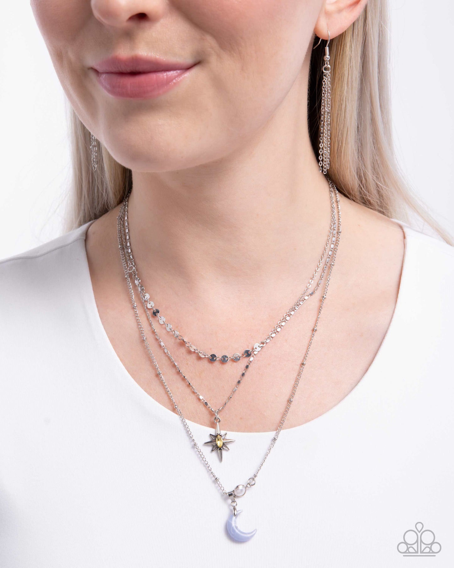 Cosmic Clinch - Blue Moon Pendant/Mismatched Silver Chains Paparazzi Necklace & matching earrings