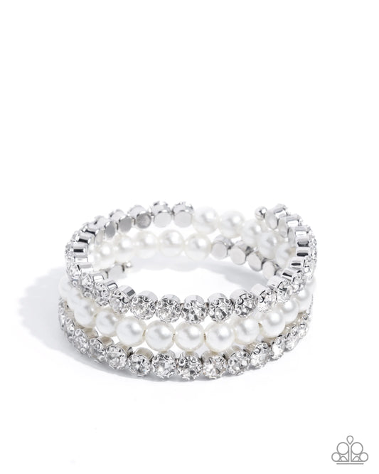 Grandiose Glitz - White Oversized Pearls/Crystalized- Like Gems Paparazzi Coil Bracelet